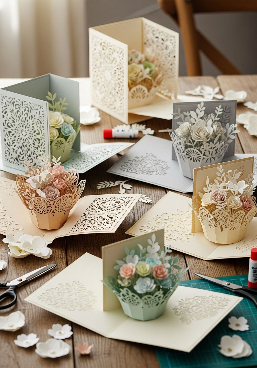 Creative pop-up baby shower invitations with 3D paper flower bouquets inside for Baby in Bloom theme