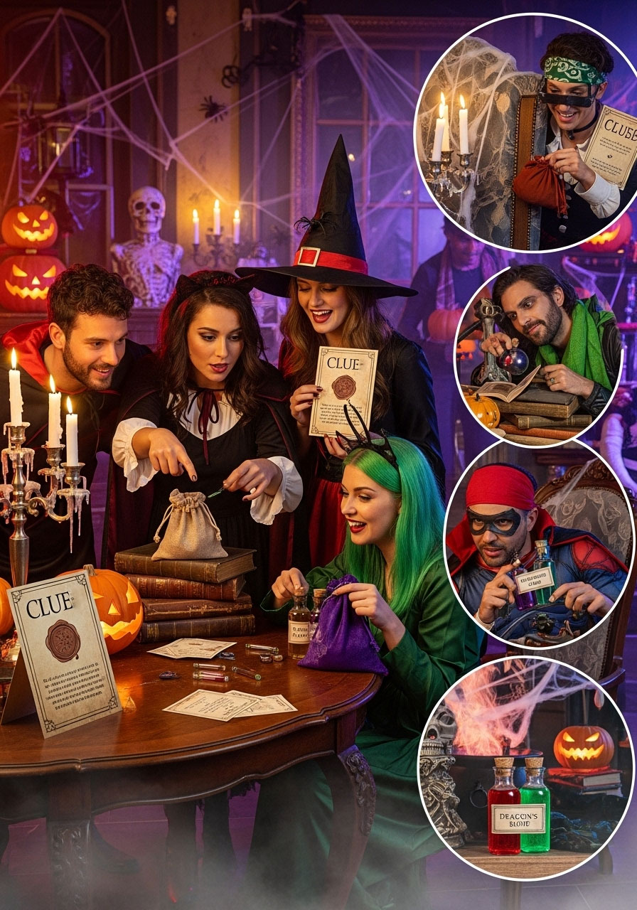 Halloween potion ingredient hunt carnival game with teams following clues to find magical ingredients for party scavenger hunt