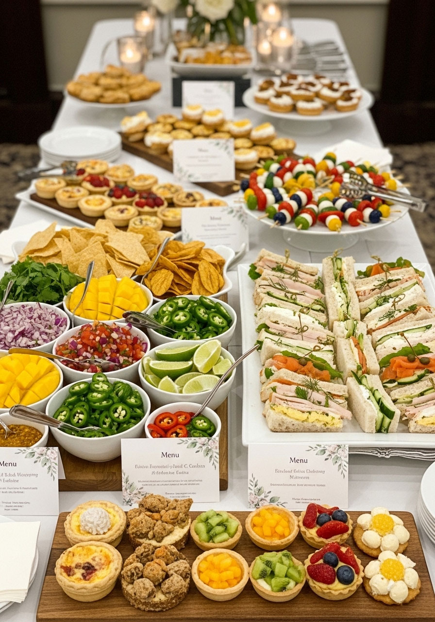 Elegant food spread featuring expectant mother's pregnancy cravings with elevated presentation, personalized baby shower catering ideas