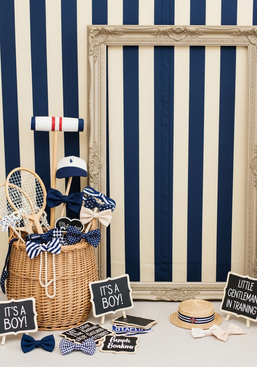 Fun Ralph Lauren baby shower photo booth area with vintage frame, navy backdrop, and wicker basket filled with preppy props