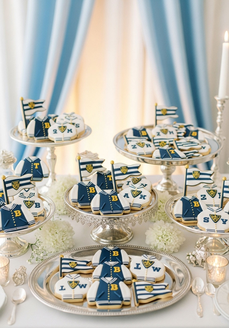 Preppy varsity jacket and flag design cookies with navy white and gold icing for Ralph Lauren themed baby shower celebration