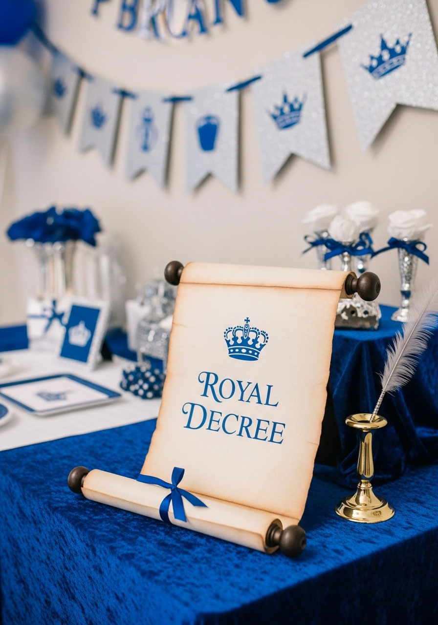 A majestic prince baby shower decorated in royal blue and silver, featuring a 'Royal Decree' station for guest wishes and crown decorations.