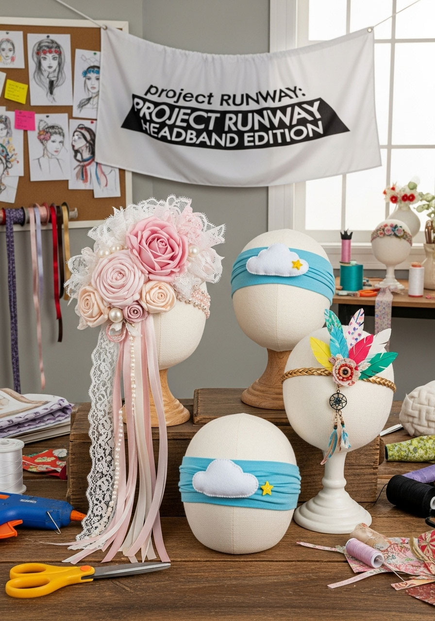 A display of beautiful and funny custom headbands made by guests during a creative baby shower game.