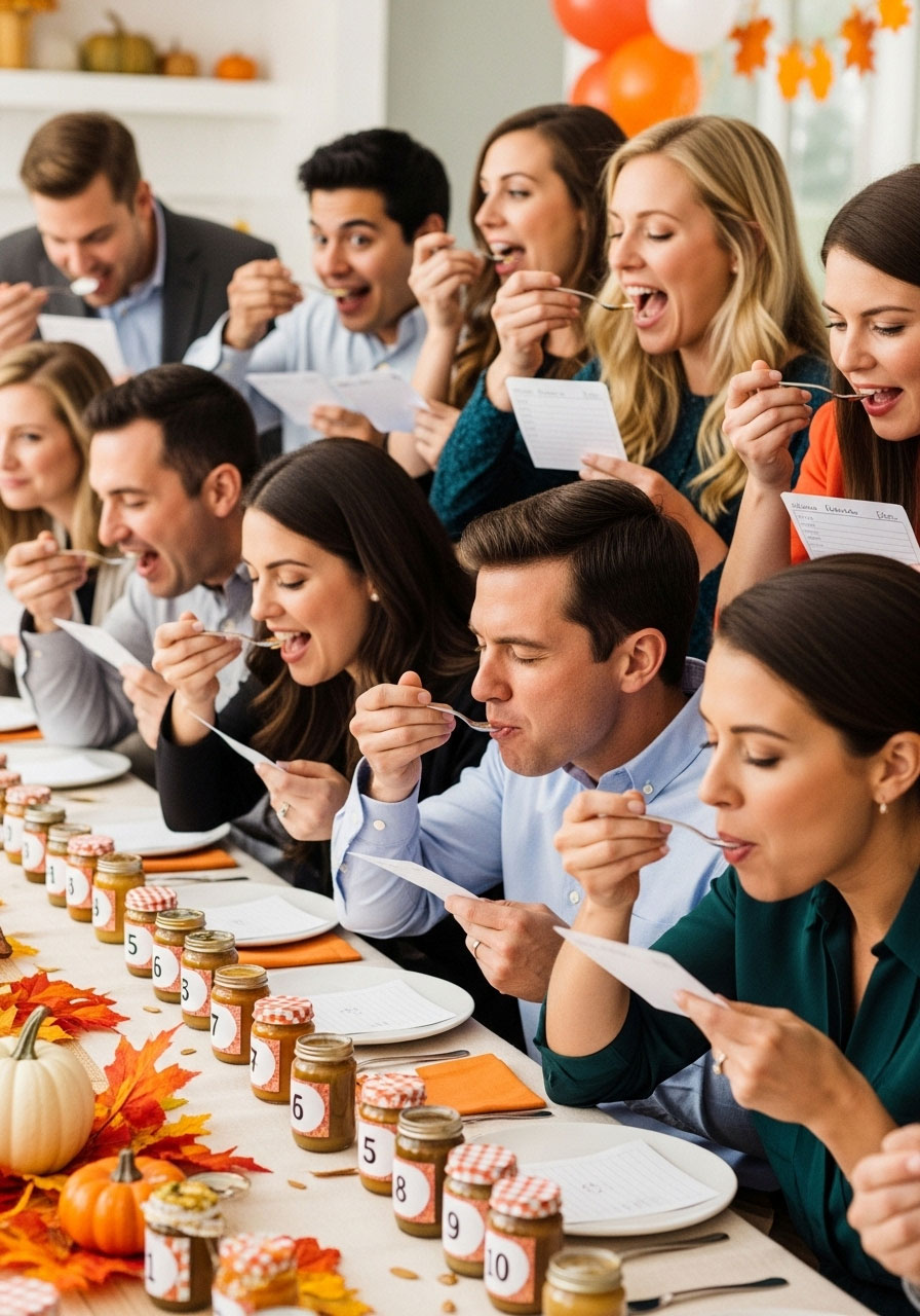 Funny baby food taste test game with pumpkin jars at a baby shower.