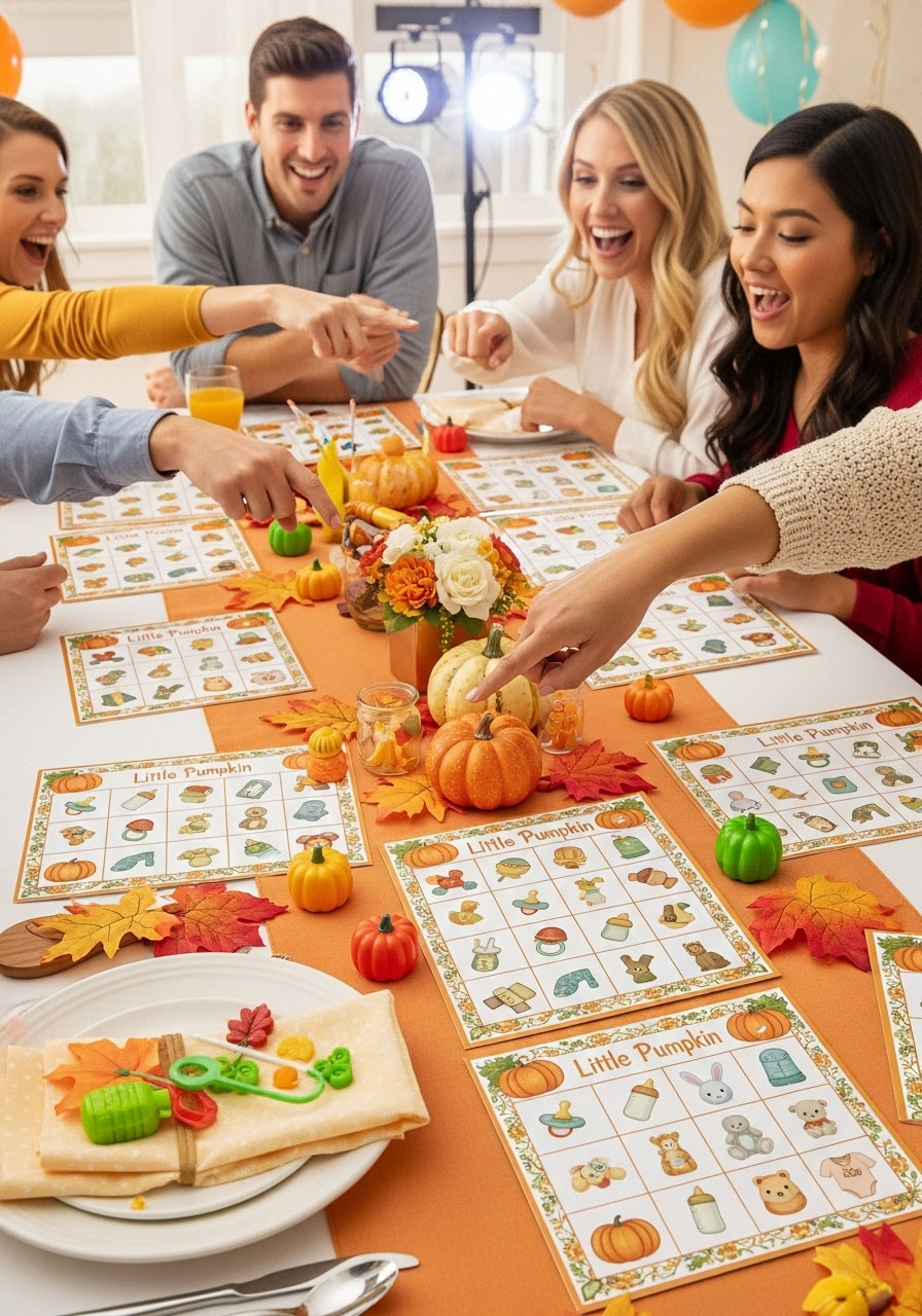Baby shower bingo cards with pumpkin designs and guests playing at the party.