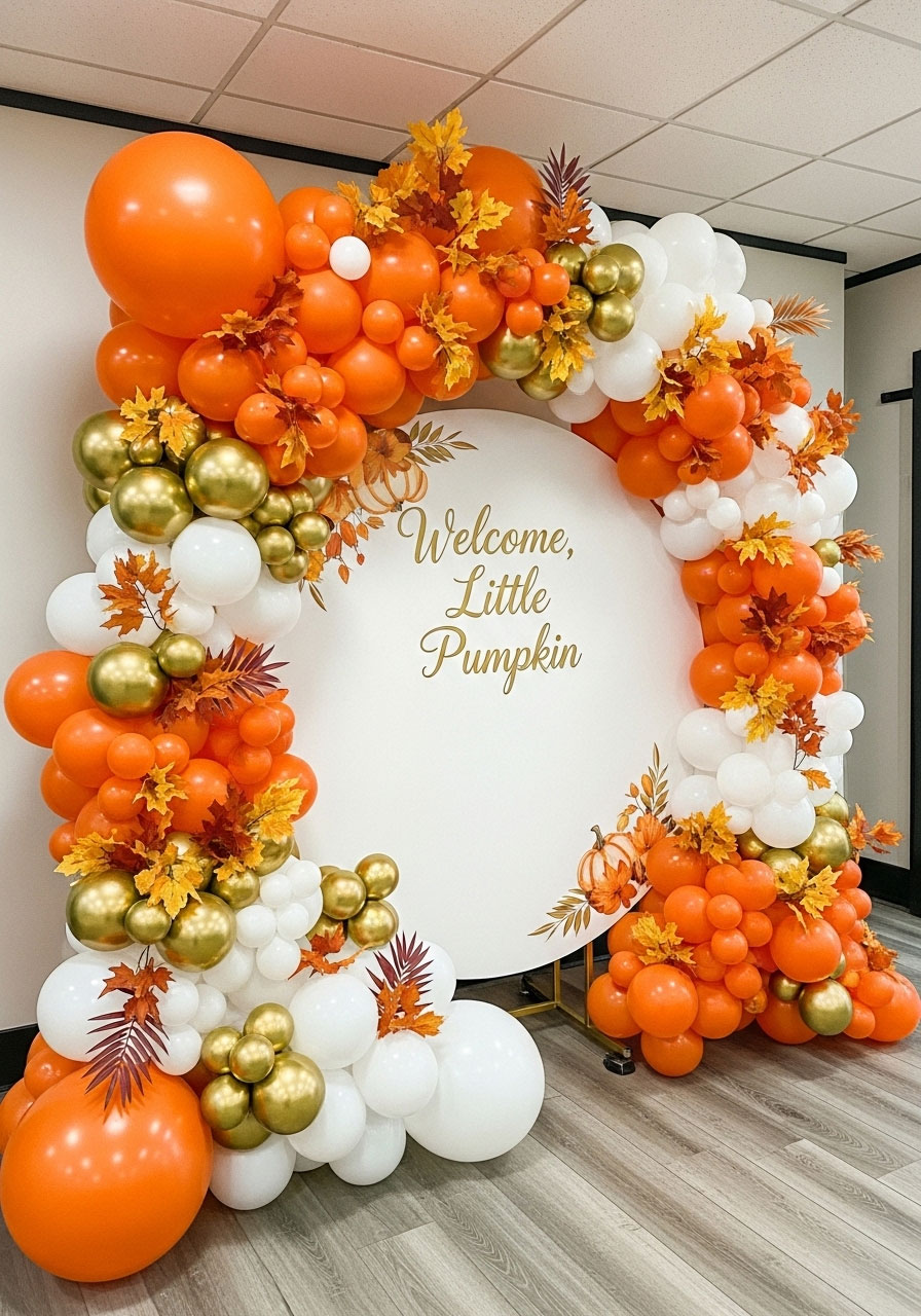 Stunning balloon arch in pumpkin colors at a little pumpkin baby shower.