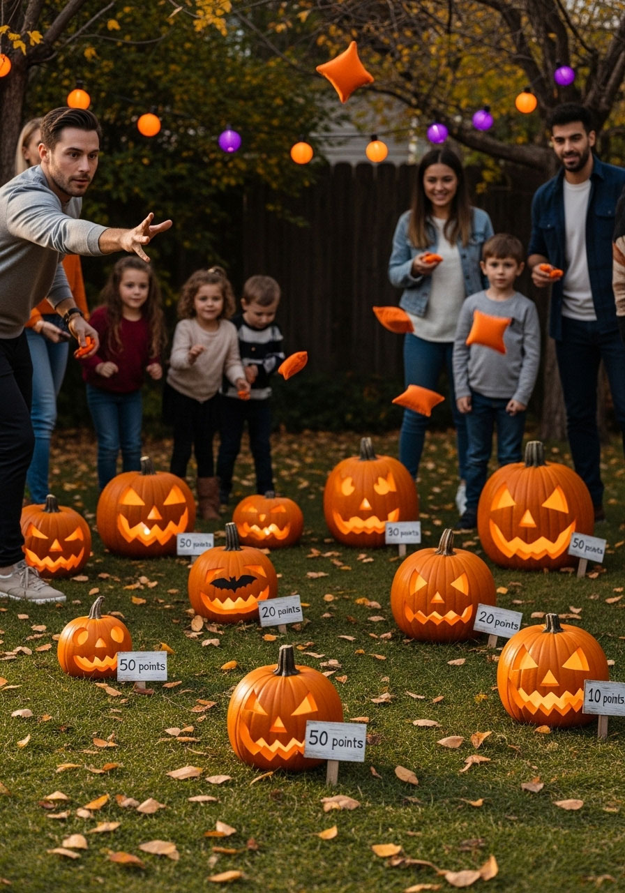 Halloween pumpkin bean bag toss carnival game with carved jack-o-lantern targets and orange bean bags for party guests