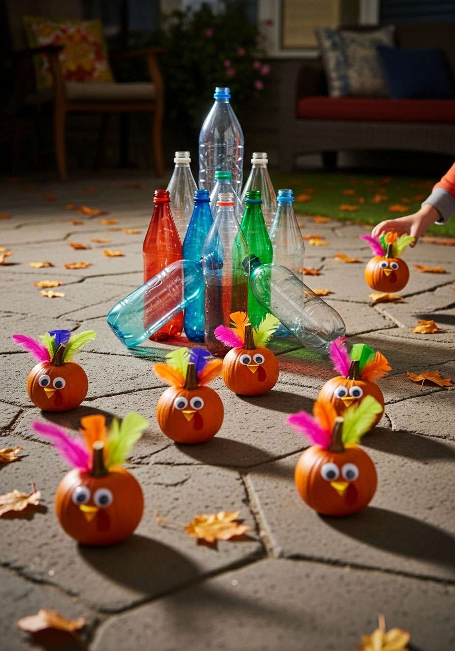 Pumpkin Bowling game with family rolling small pumpkins at decorated bottle pins