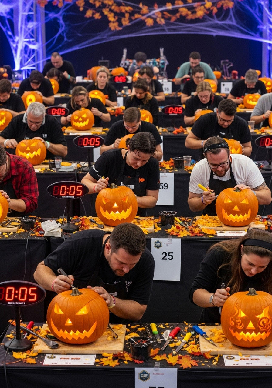 Halloween pumpkin carving speed challenge carnival game with contestants racing to create best jack-o-lantern design