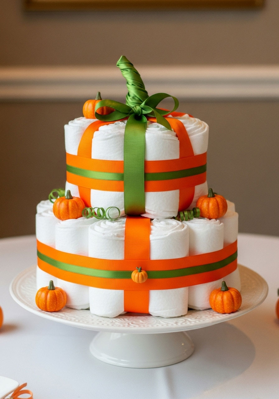Creative diaper cake centerpiece designed to look like a pumpkin for baby shower decor.