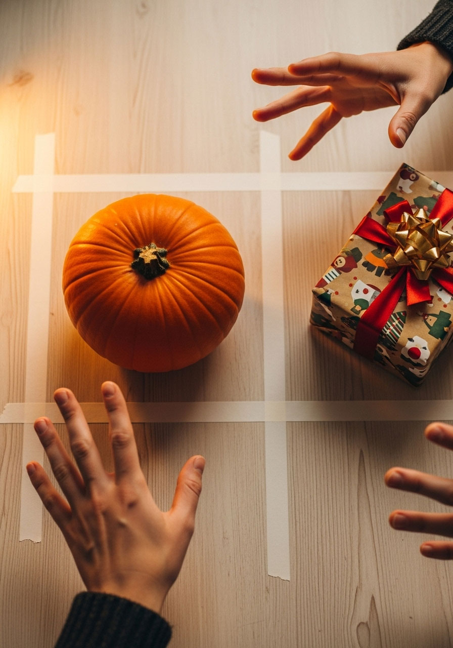 Orange pumpkin successfully landed inside tape section next to prize during pumpkin roll fall party game