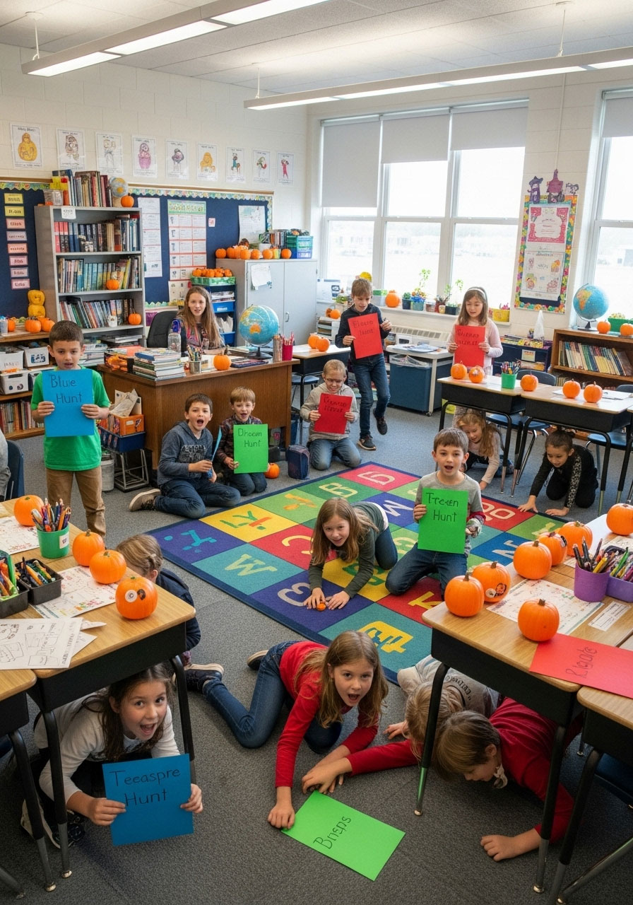 Children searching for hidden plastic pumpkins around classroom during Halloween scavenger hunt party game with clue cards