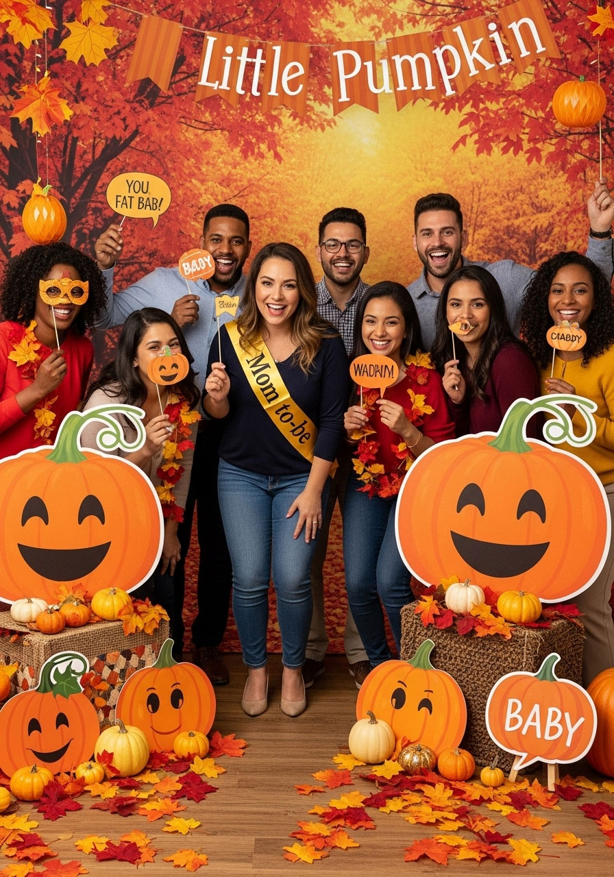 Guests posing with pumpkin-themed props at a little pumpkin baby shower photo booth.
