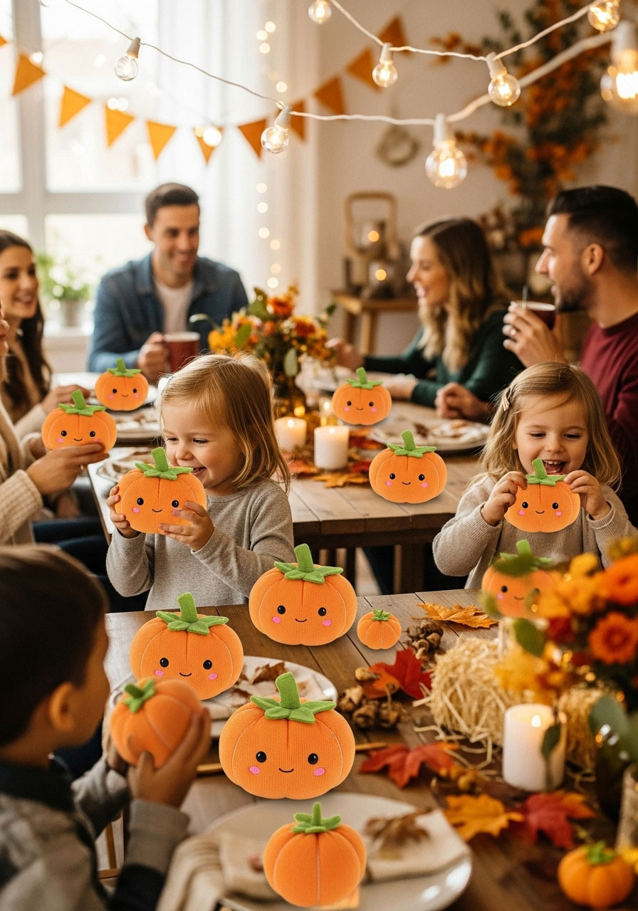 Cute pumpkin plush toys used as table decorations at a baby shower.