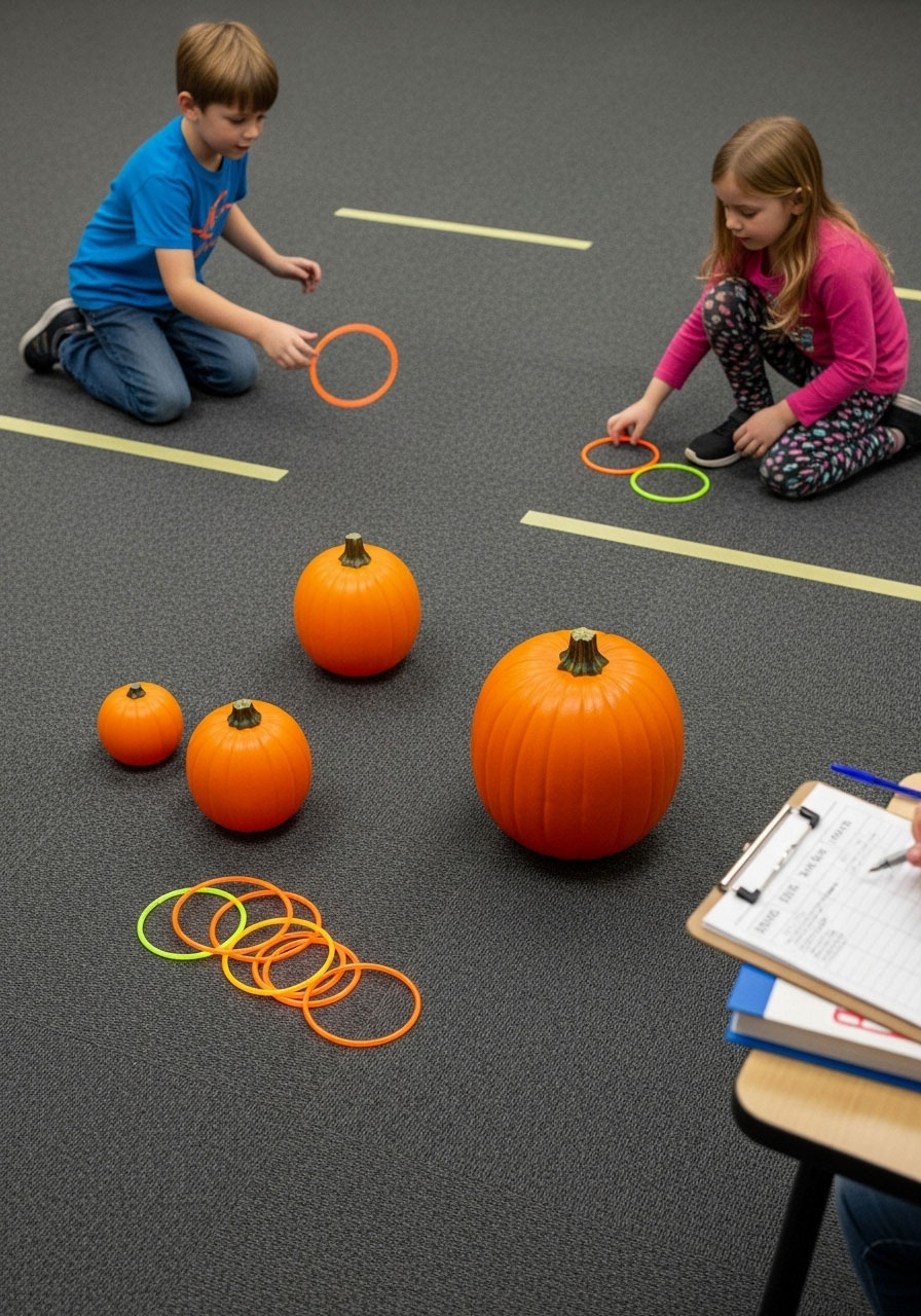 Children taking turns tossing orange rings onto plastic pumpkins of different sizes in Halloween classroom ring toss game