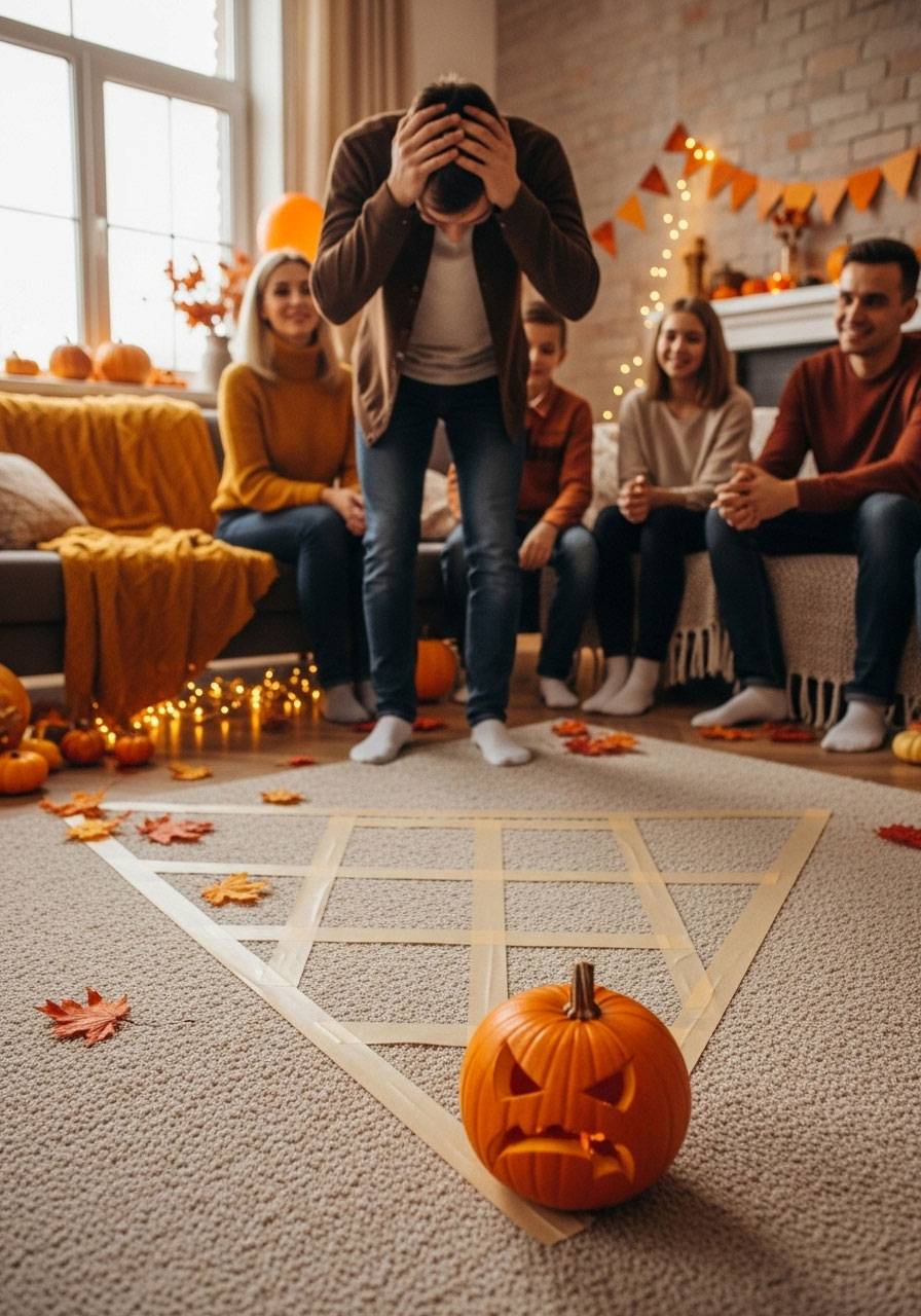 Pumpkin rolled outside grid lines showing miss and strike during pumpkin roll thanksgiving party game
