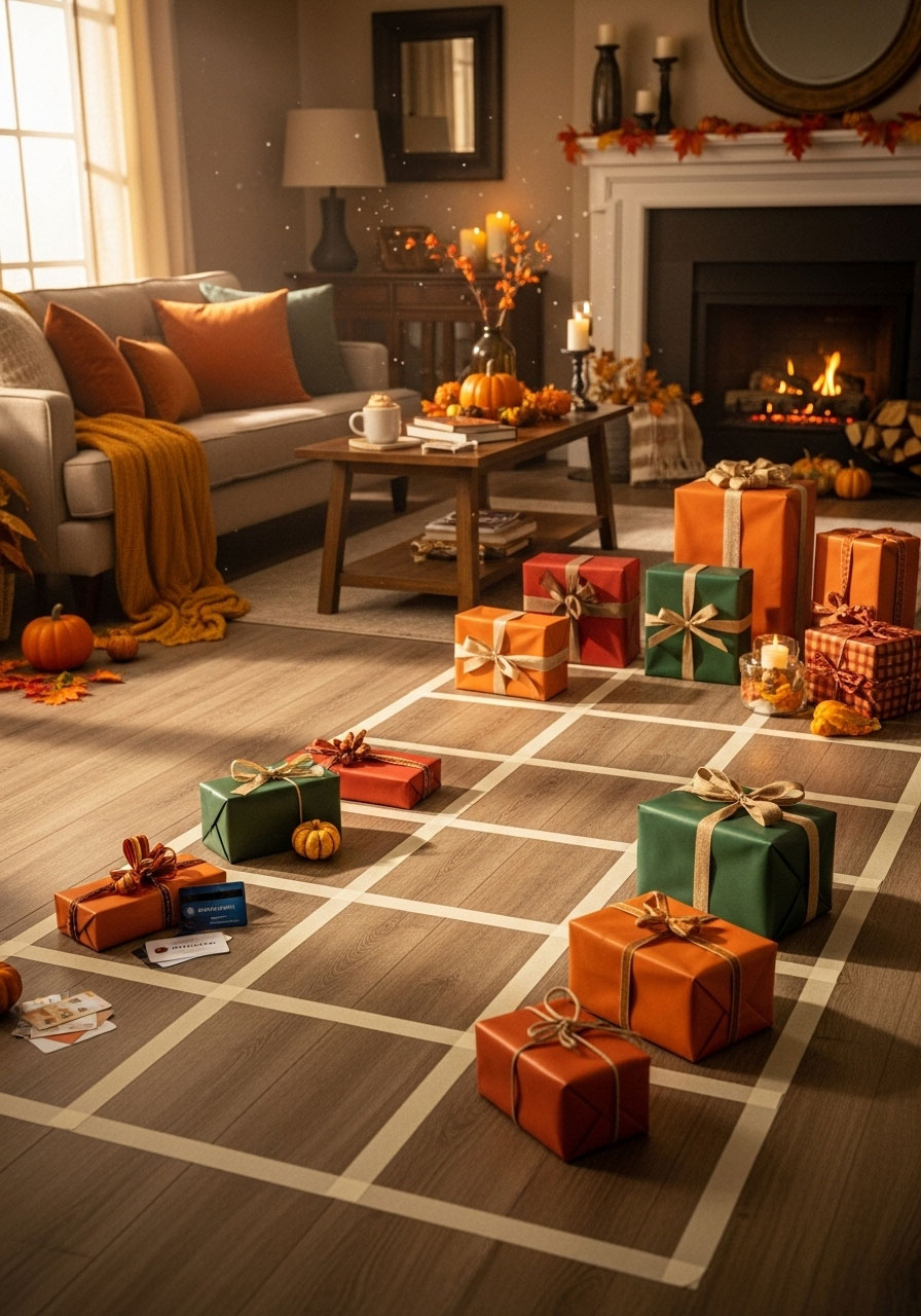 Strategic prize placement at end of tape sections for pumpkin roll thanksgiving party game showing small to large rewards