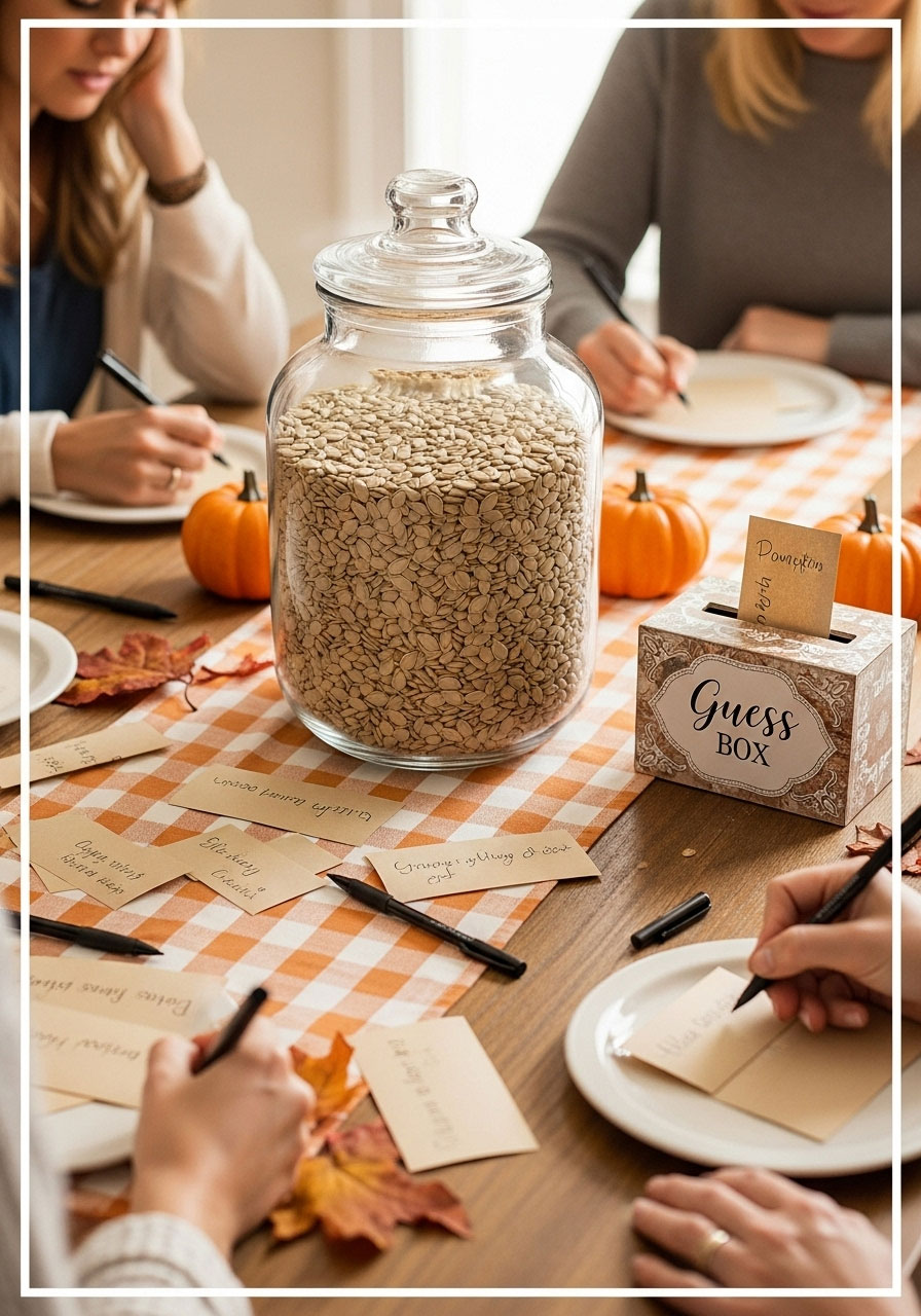 Jar filled with pumpkin seeds for a guessing game at a baby shower.