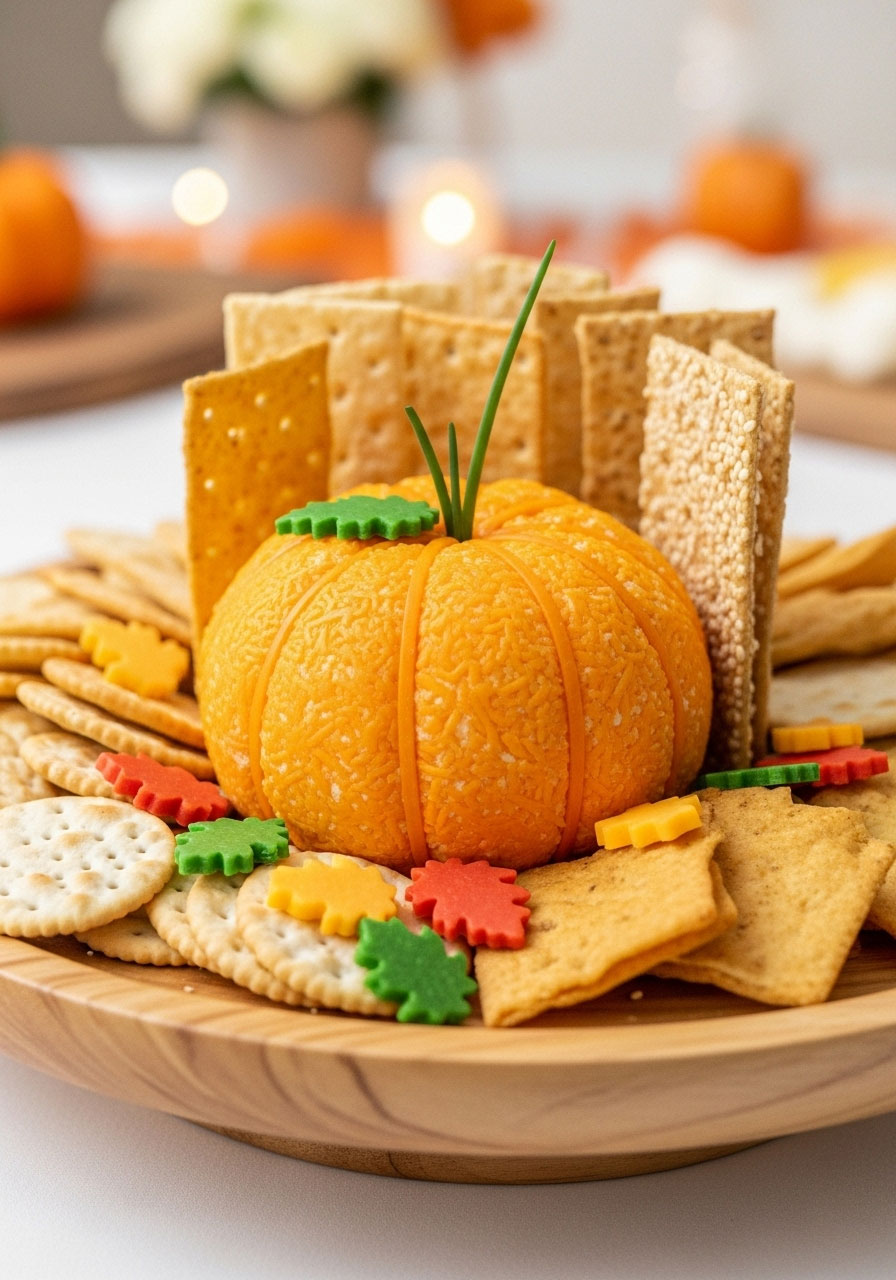 Pumpkin-shaped cheese ball appetizer served at a baby shower food table.