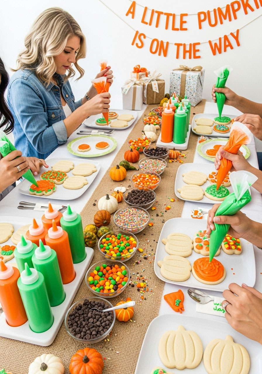Guests decorating pumpkin-shaped cookies at a fun fall baby shower activity.