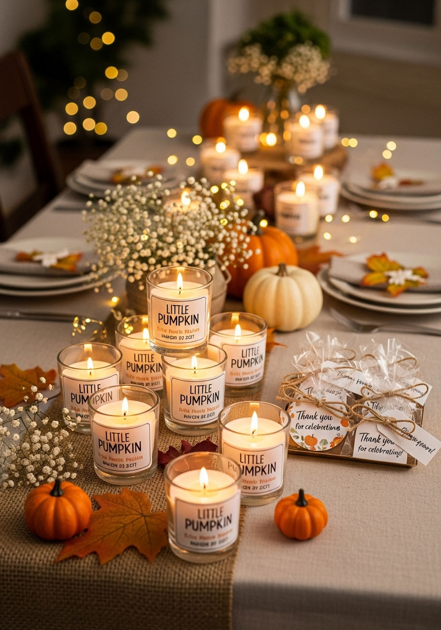 Mini pumpkin spice candles displayed as party favors at a fall baby shower.