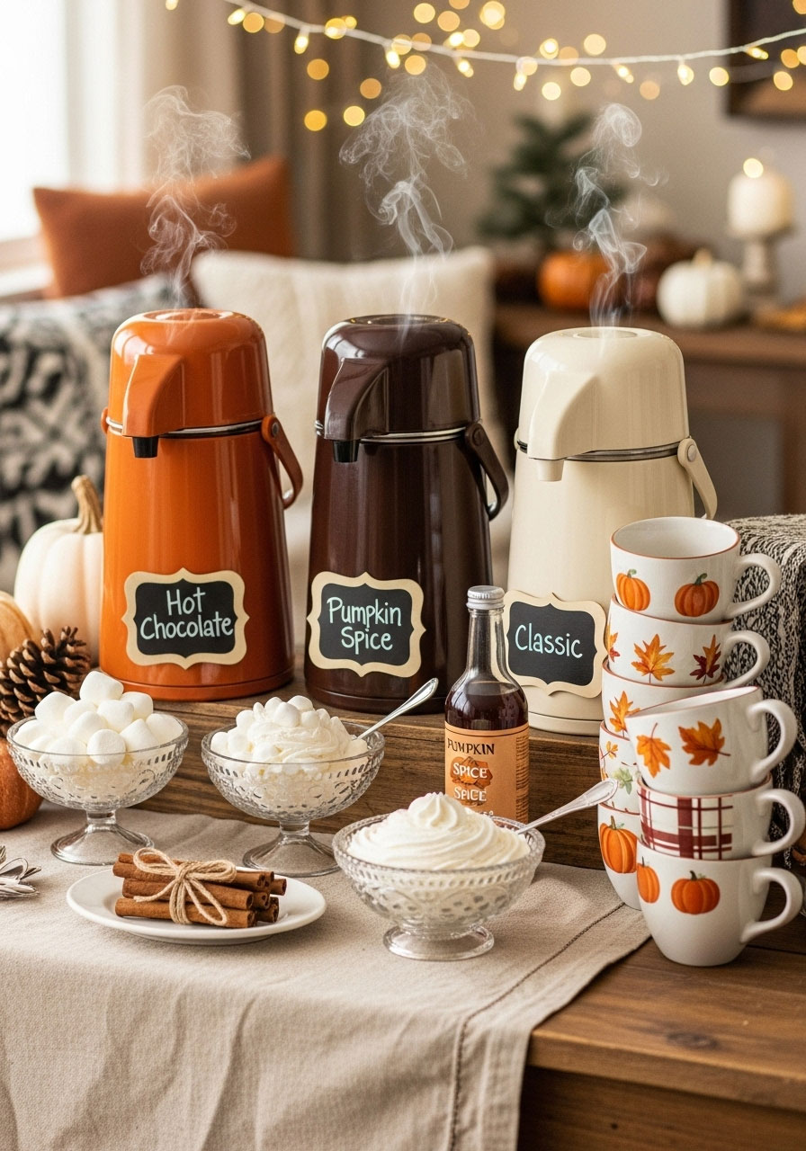 Warm pumpkin spice hot chocolate bar setup at a cozy fall baby shower.