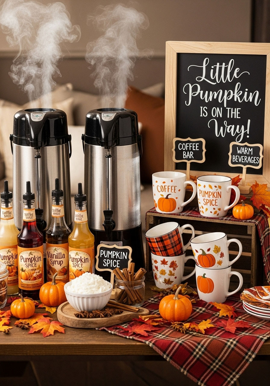 Cozy pumpkin spice latte bar setup for a fall-themed little pumpkin baby shower.