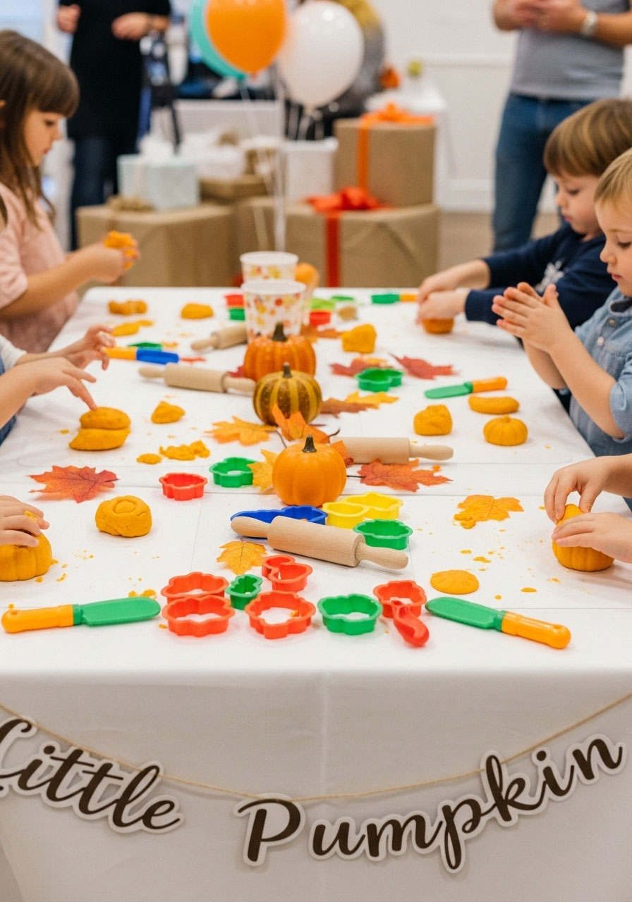 Kids’ play dough activity table with pumpkin spice scented dough.