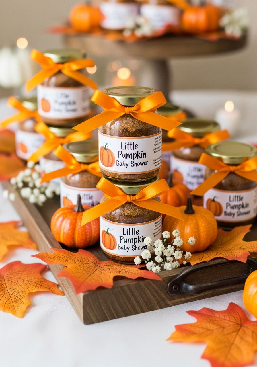 Homemade pumpkin spice sugar scrub jars as fall baby shower favors.