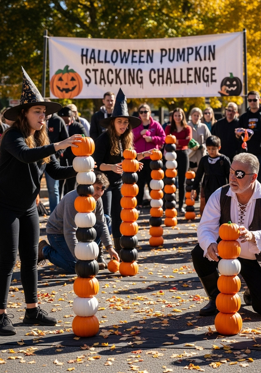Halloween pumpkin stack attack carnival game with players balancing foam pumpkins in tall towers for party competition