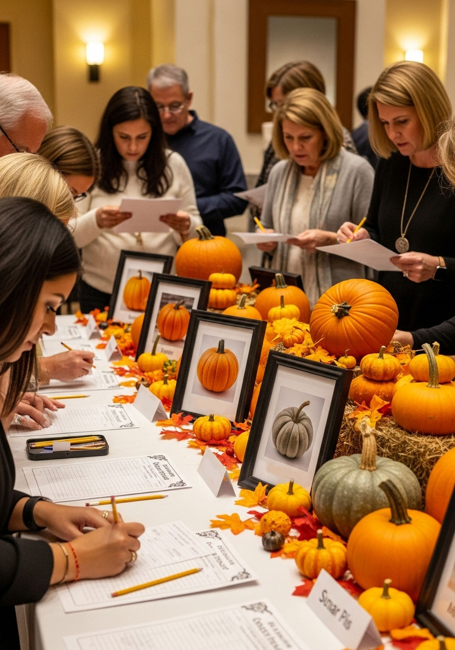 Guests playing a pumpkin variety guessing game at a fall-themed baby shower.