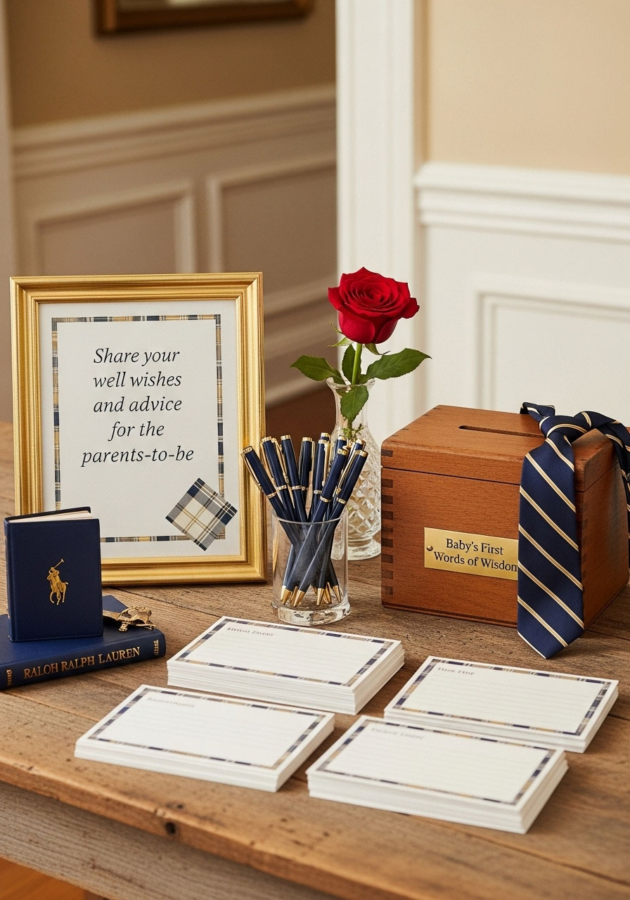 Sophisticated baby shower advice card station with plaid bordered cards, navy and gold pens, and vintage collection box