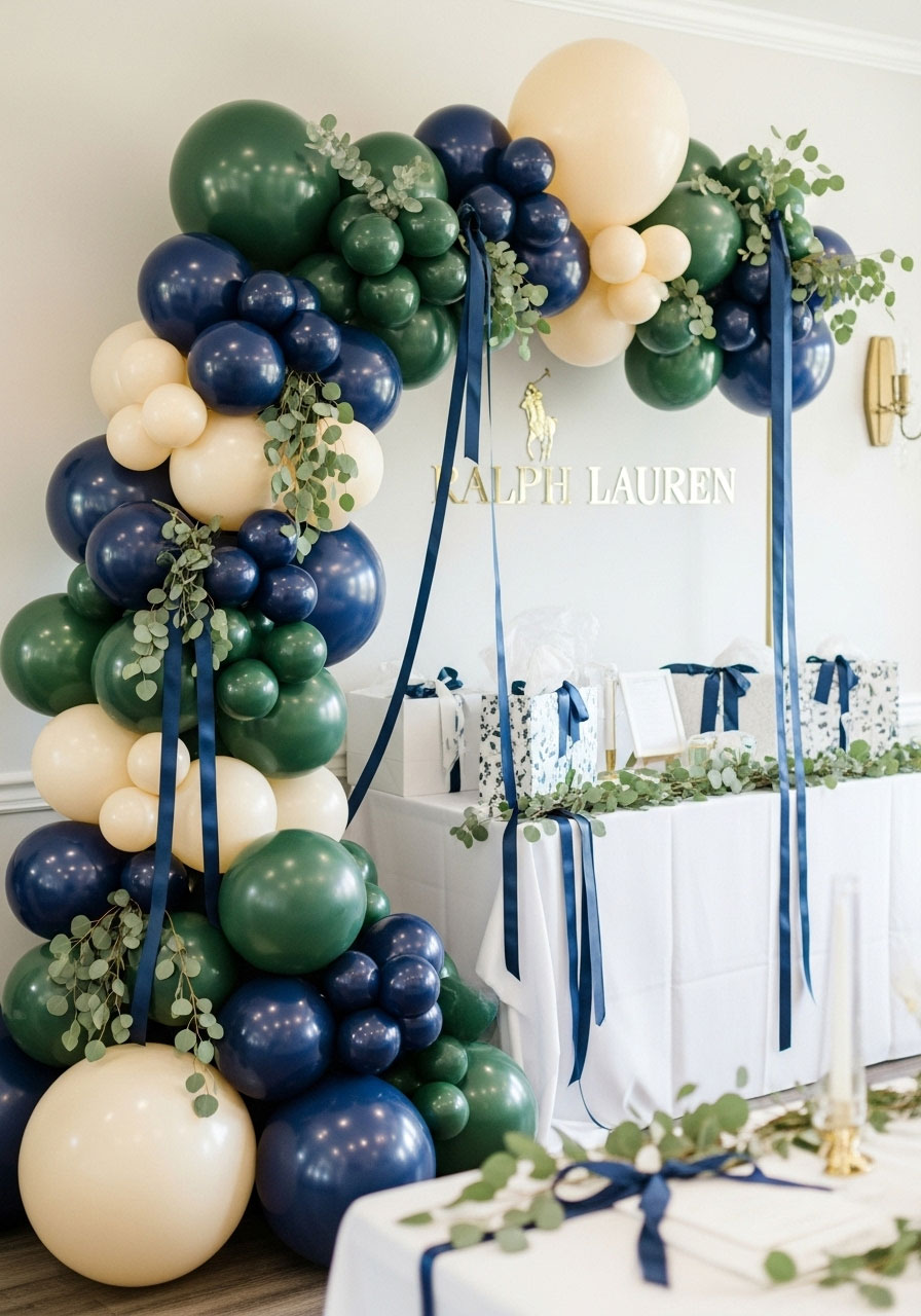 Stunning Ralph Lauren baby shower balloon arch in navy blue, forest green, and cream colors with eucalyptus and ribbon accents