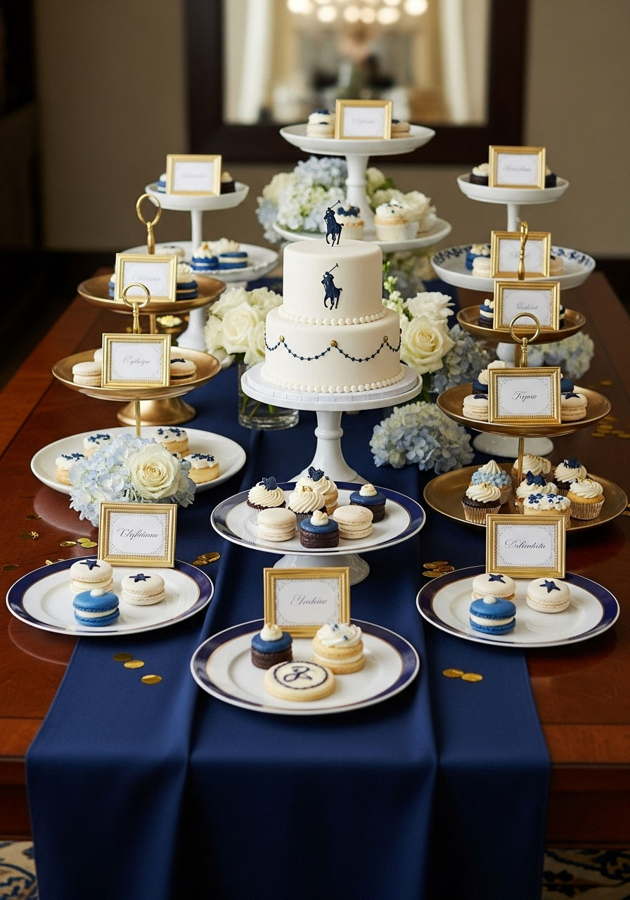 Sophisticated baby shower dessert station with tiered stands, navy blue runner, and elegant cake pedestals with labeled treats