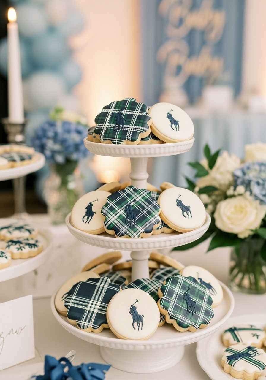 Beautiful plaid pattern cookies featuring Ralph Lauren inspired navy and green checkered designs mixed with cream colored treats