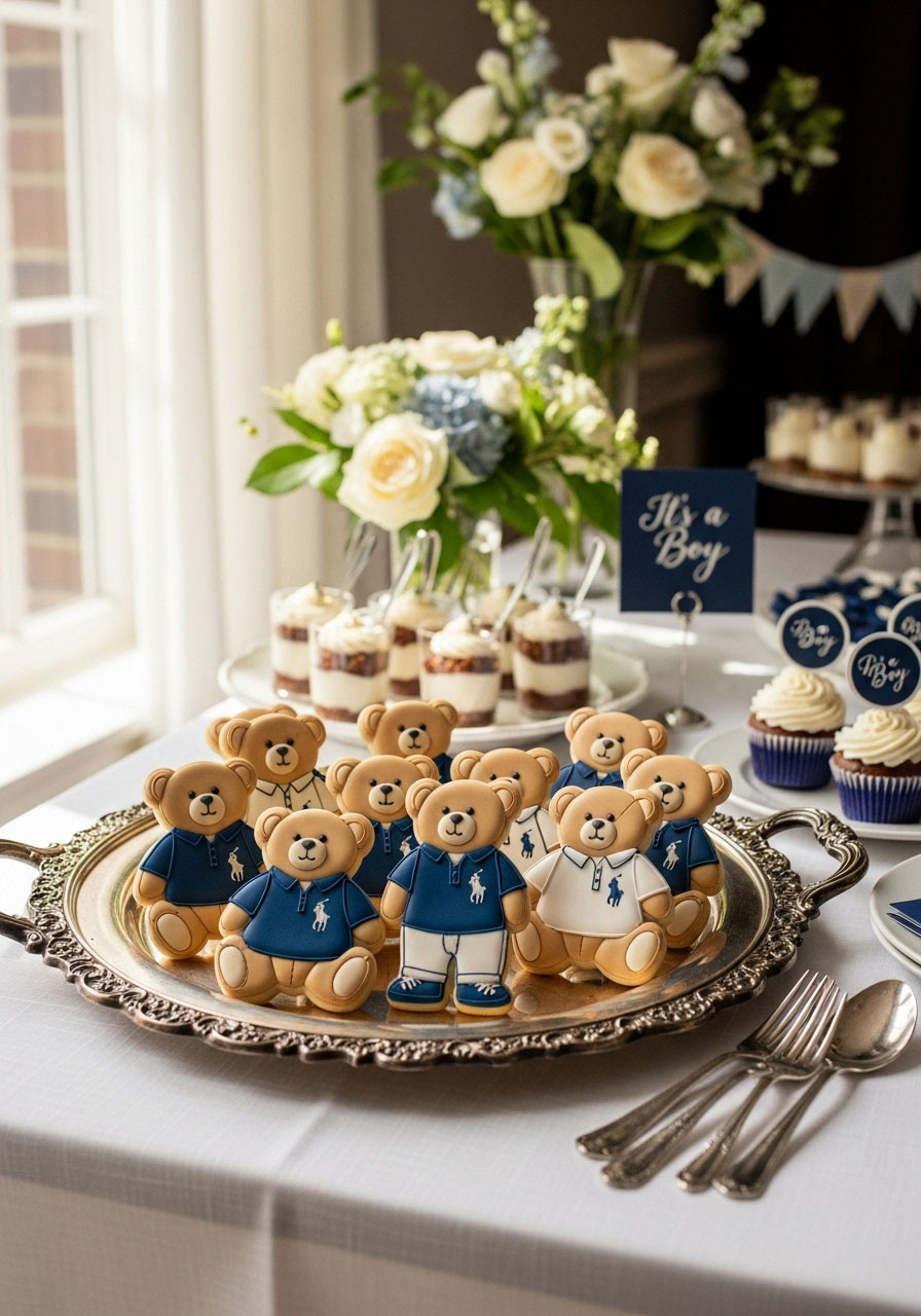 Ralph Lauren inspired teddy bear cookies in navy and cream colors displayed on elegant silver tray for sophisticated baby shower dessert table
