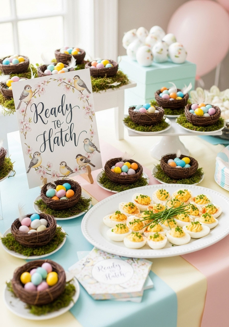 A punny 'Ready to Hatch' baby shower with a pastel color palette and candy eggs in small nests.