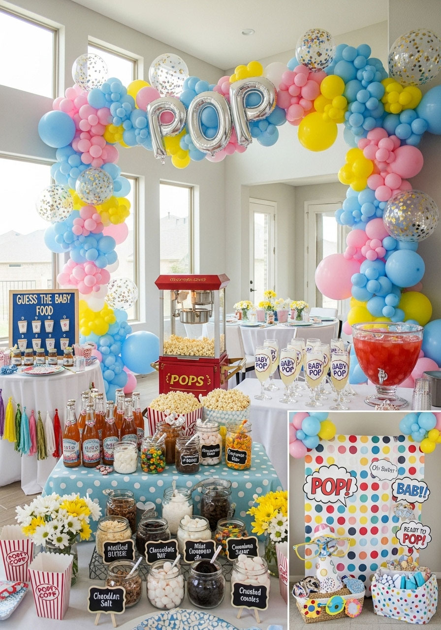Bubbly ready to pop gender neutral baby shower with balloon garlands, popcorn bar, and sparkling drinks for playful pops
