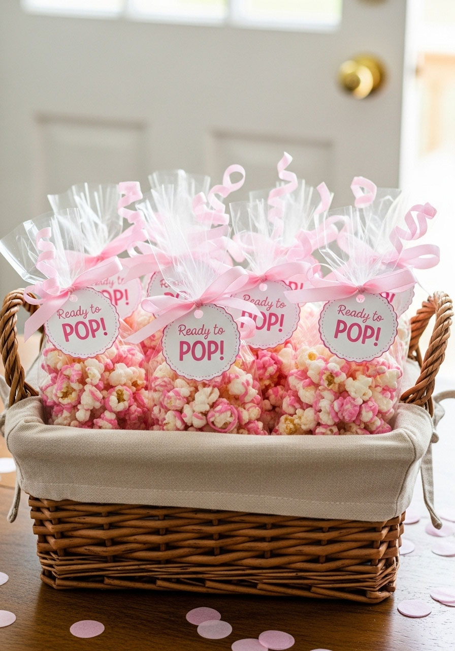 Clear cellophane bags with pink-drizzled popcorn, tied with pink ribbons and "Ready to POP!" tags, arranged in a basket for a baby girl shower.