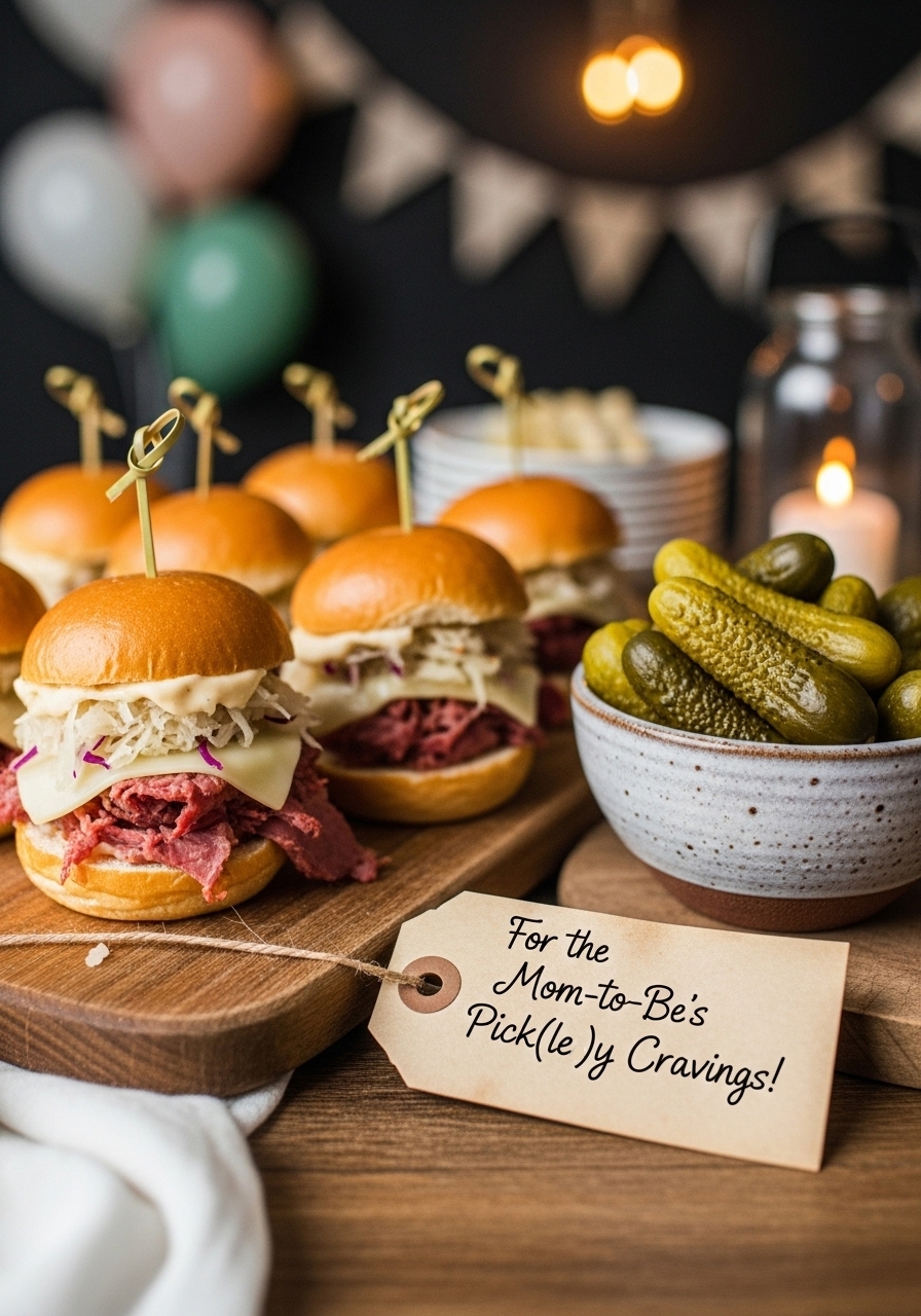 Reuben sliders served on a rustic wooden board next to a bowl of pickles and a funny "pregnancy cravings" sign for a baby shower.