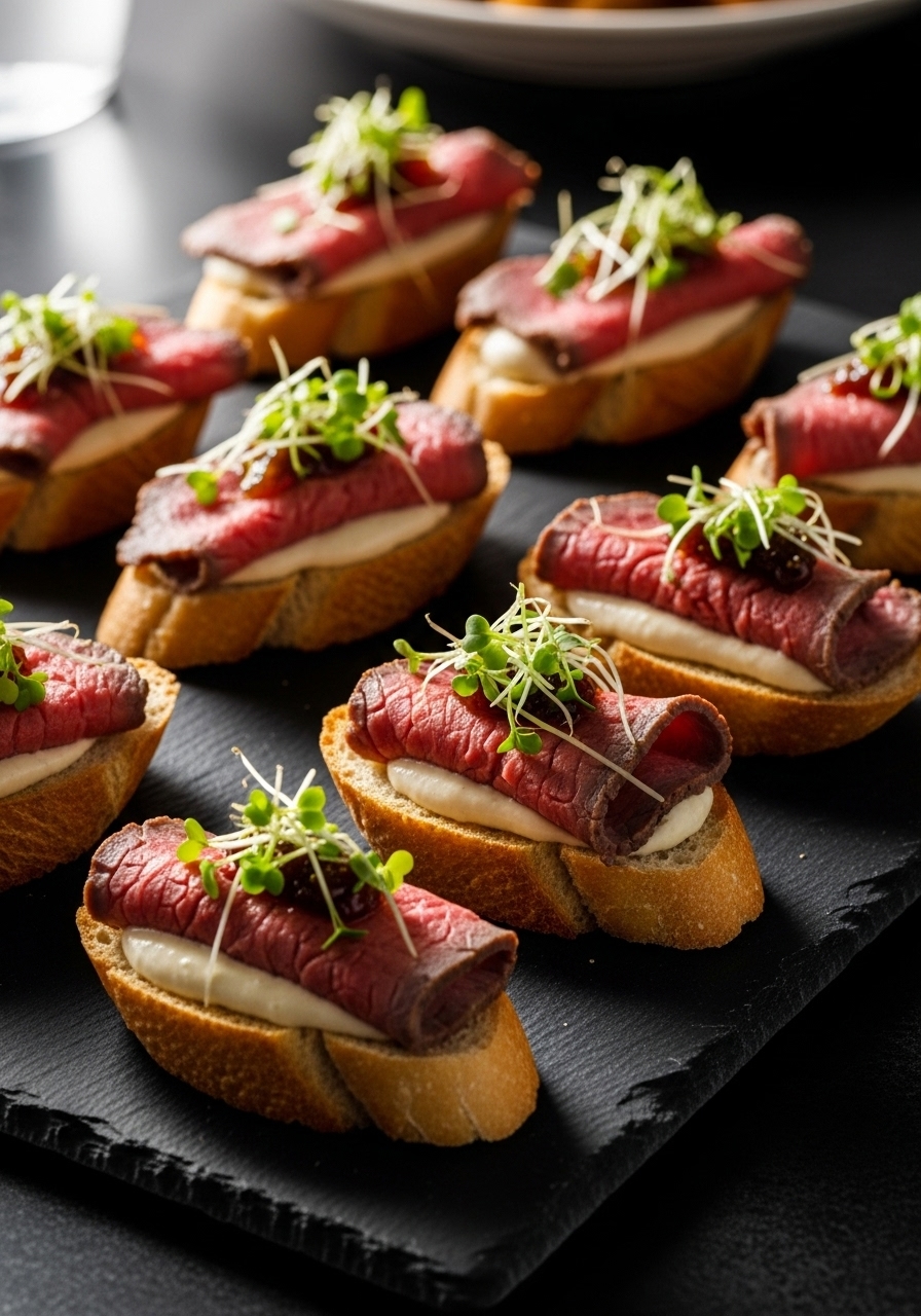 Sophisticated roast beef crostini with horseradish cream, garnished with microgreens and served on a modern slate platter for a chic baby shower.
