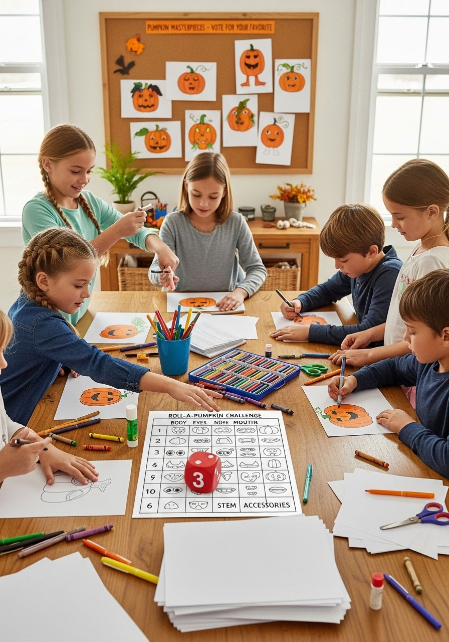 Roll a Pumpkin game with children drawing pumpkin features based on dice rolls