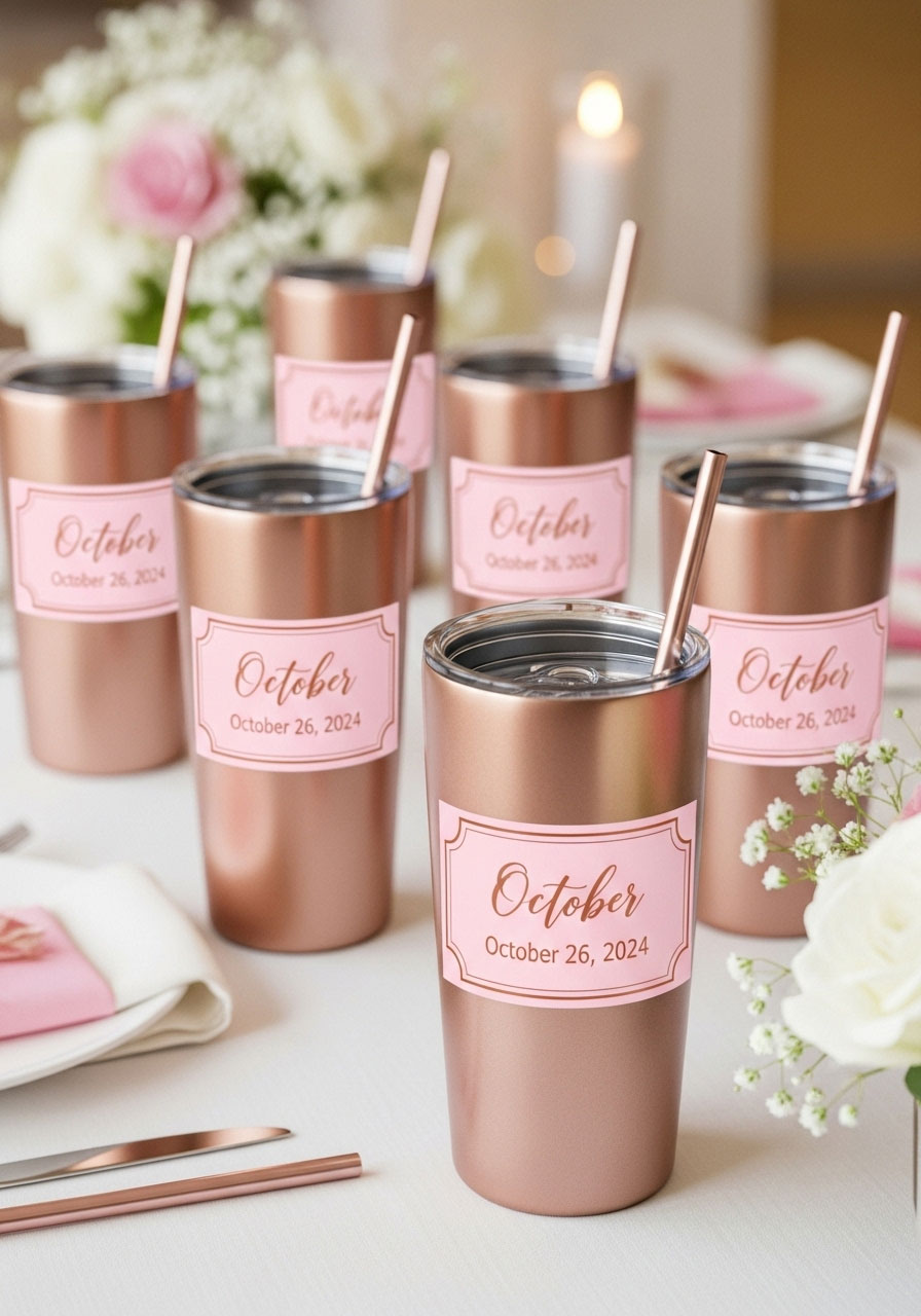 Rose gold insulated tumblers with pink straws and custom labels as elegant baby shower prizes and party favors