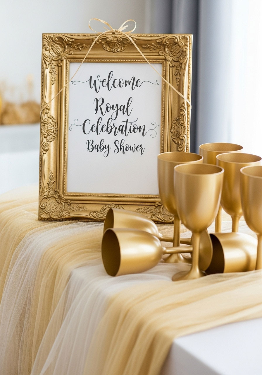 A glamorous 'Royal Celebration' baby shower using clever DIY tricks like gold spray-painted thrift store frames.