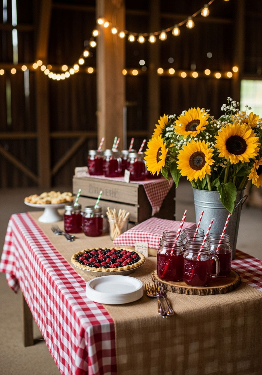 A charming rustic barn baby shower with gingham tablecloths, mason jar drinks, and a dessert bar featuring a fresh berry pie.