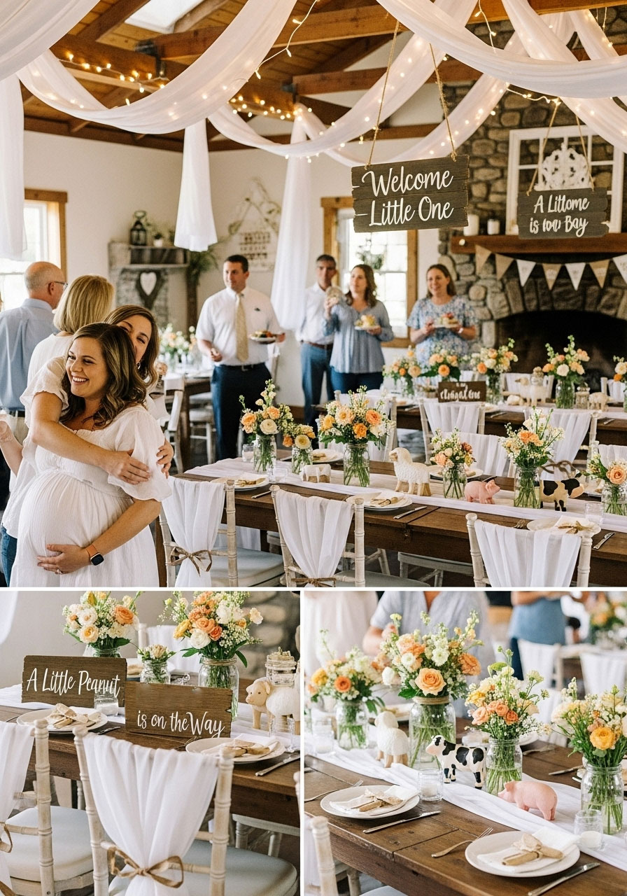 Cozy rustic farmhouse gender neutral baby shower with barnwood, wildflowers, and farm animals for welcoming charm