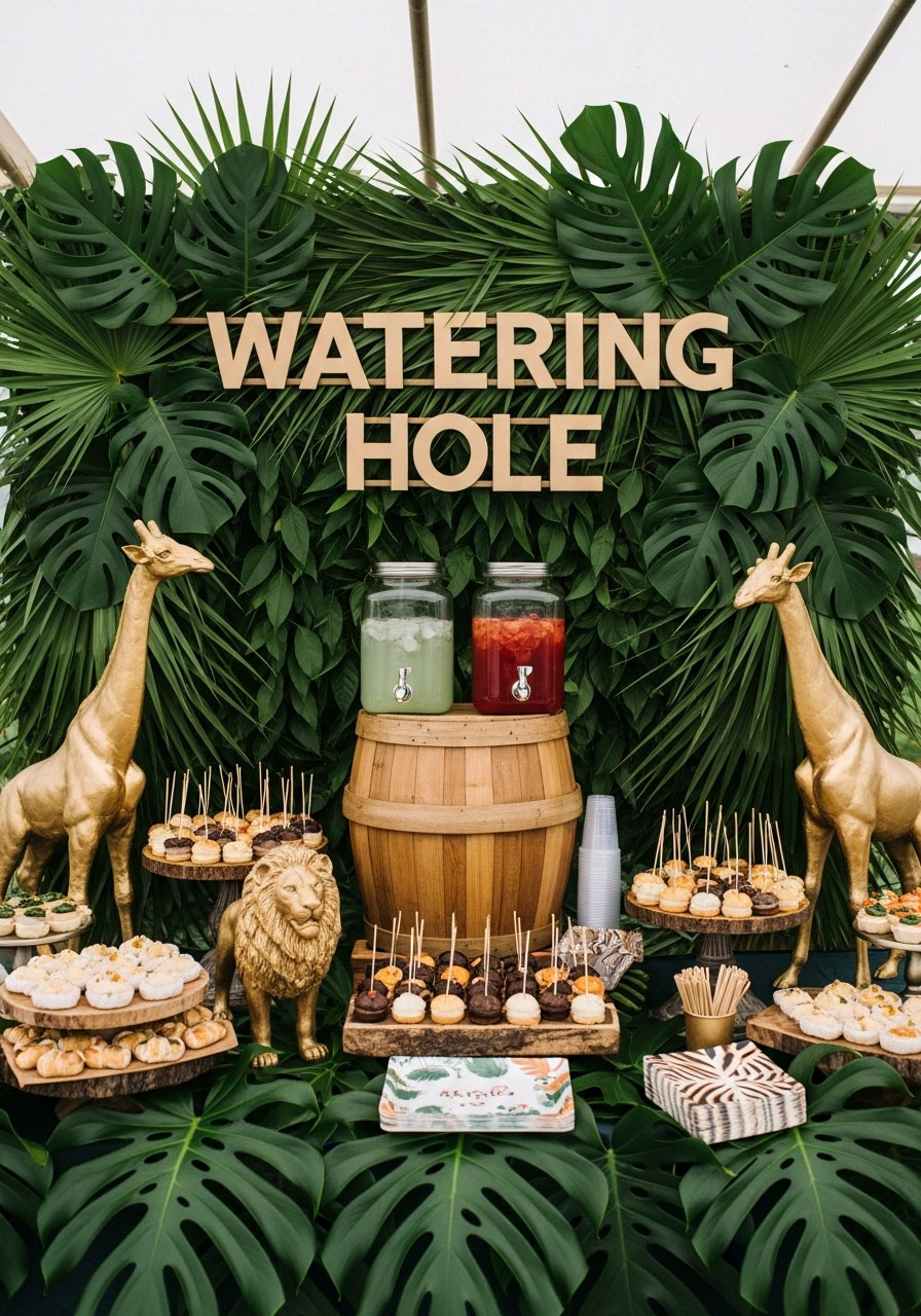 An adventurous safari baby shower featuring lush palm leaves, gold animal figures, and a 'Watering Hole' drink station for guests.