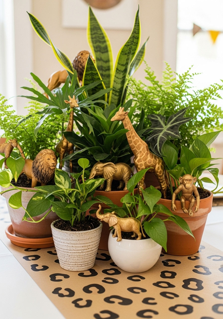 A trendy safari baby shower theme using houseplants and gold-painted animal toys for chic, budget-friendly decor.