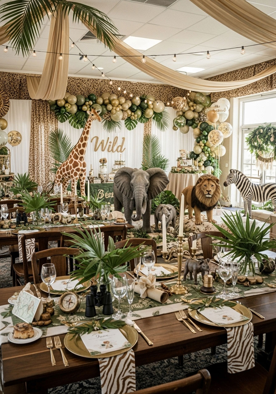 Adventurous safari gender neutral baby shower with palm leaves, animal prints, and gold for chic wild expedition
