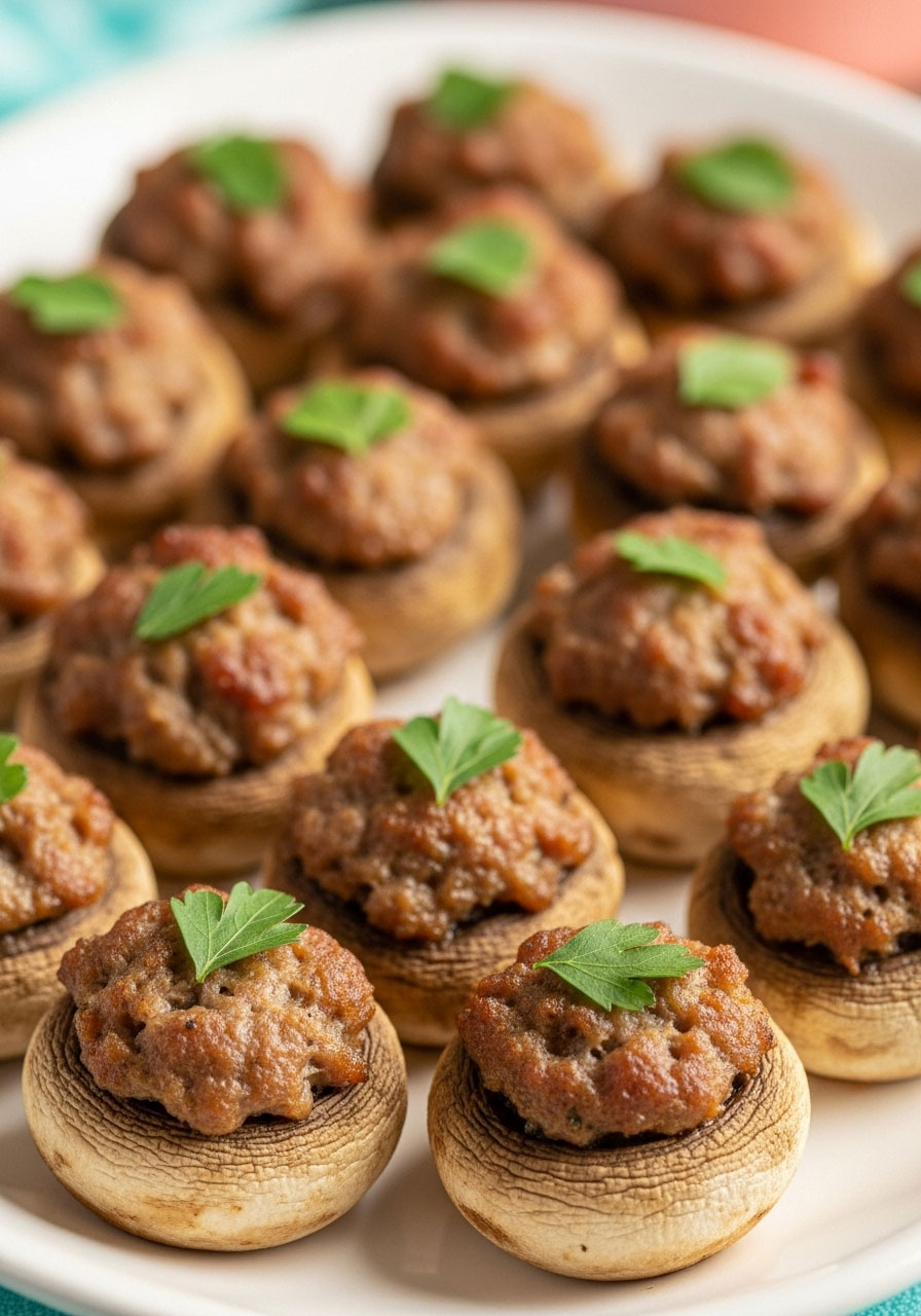 A platter of delicious sausage-stuffed mushrooms, each topped with a tiny parsley leaf for an elegant baby shower appetizer.
